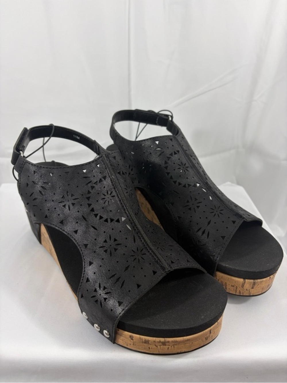 NWT Pop Womens Size 11 Wedge Cork Sandals Black Cutout Faux Leather